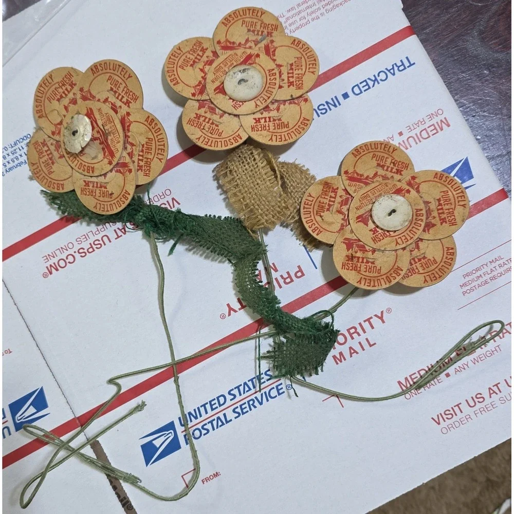 Handmade Upcycled Milk Cap Flowers Burlap Stem Rustic Farmhouse Decor Vintage